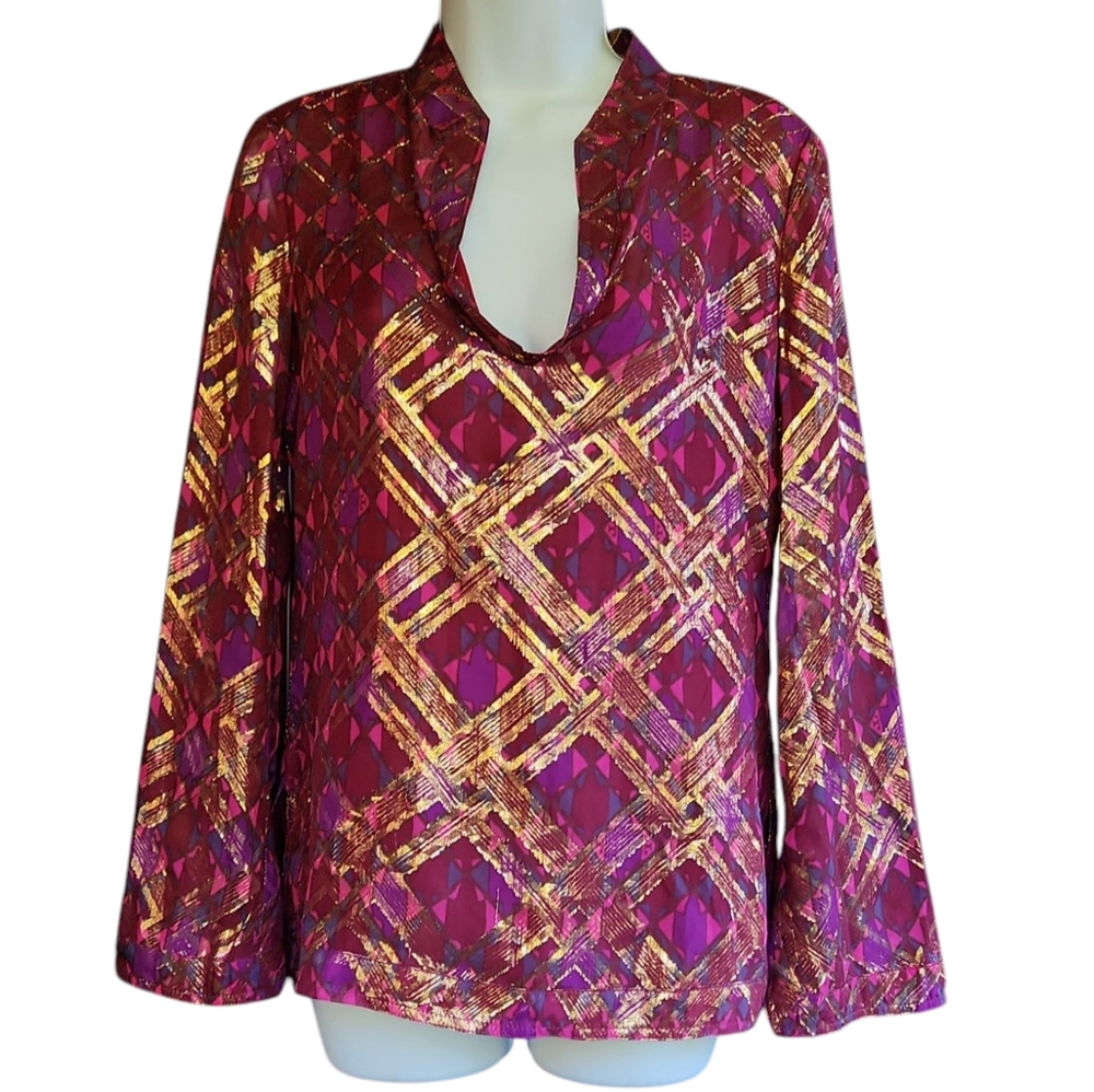 Tory Burch Hastings Lame Plaid Silk Chiffon Tunic Sz 2 XS
